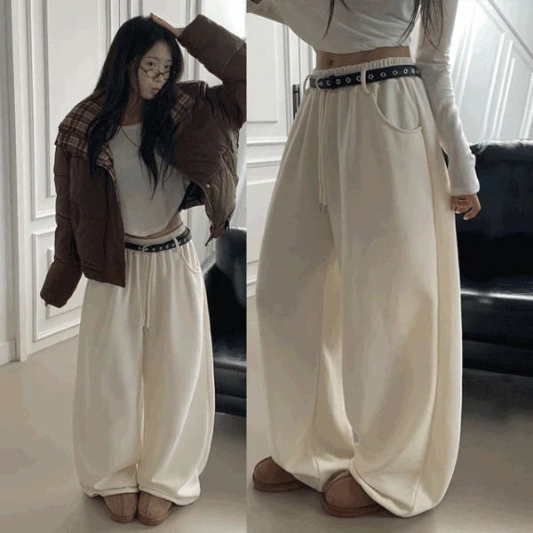 休閒寬鬆鬆緊帶長褲 附腰帶兩件式套裝