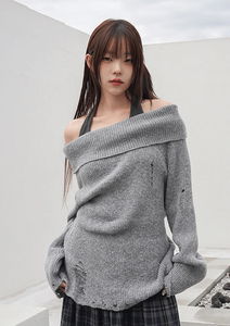 不規則肩線灰色針織毛衣