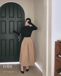 Poen high-waist console zipper pocket pintuck A-line flare long skirt