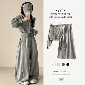 무지 크롭투웨이후드집업+사이드턱절개밴딩와이드팬츠 셋업 세트 (4color)