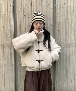 羊毛連帽寬鬆長版絨毛外套