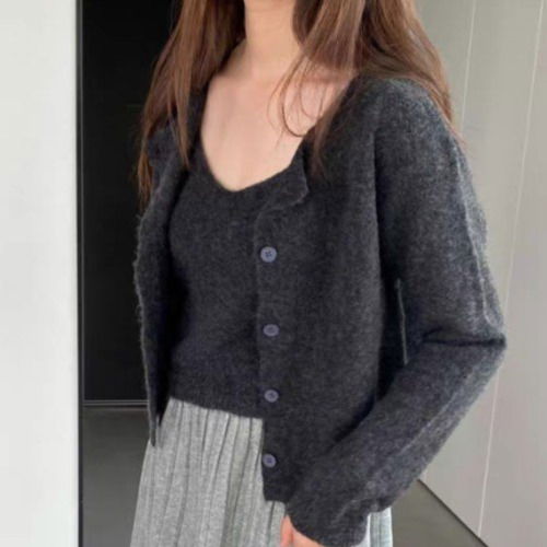 素色針織開襟外套套裝