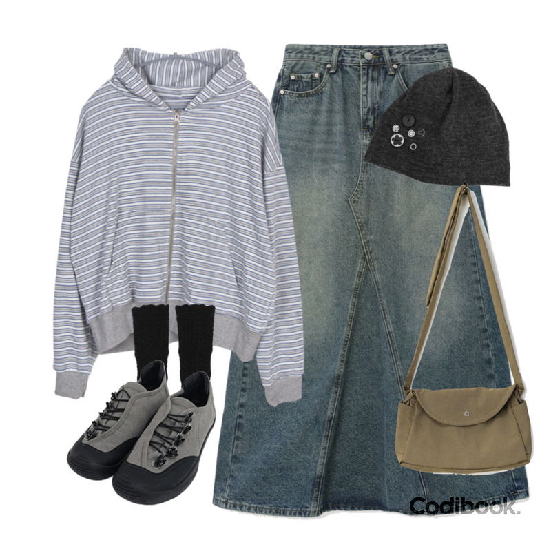binary01 아델로 숄더크로스&벨트백,DAILYJOU 베르딘 플라워 스트링 스니커즈,frenchaube 테이트 맥시 플레어 데님 롱 겨울 스커트 (5color)등을 매치한 코디