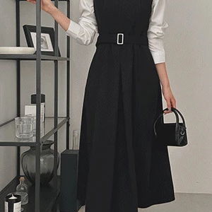 오브린즈 겉기모 맞주름 벨트 뷔스티에 롱 원피스