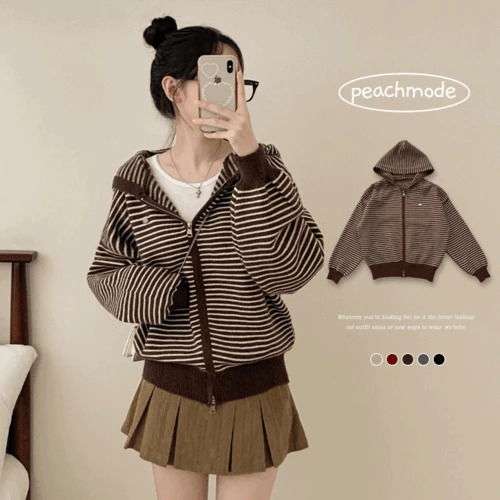 Reiki Stripe Striped Two-Way Loose-fit Hooded Knitwear Zip-Up