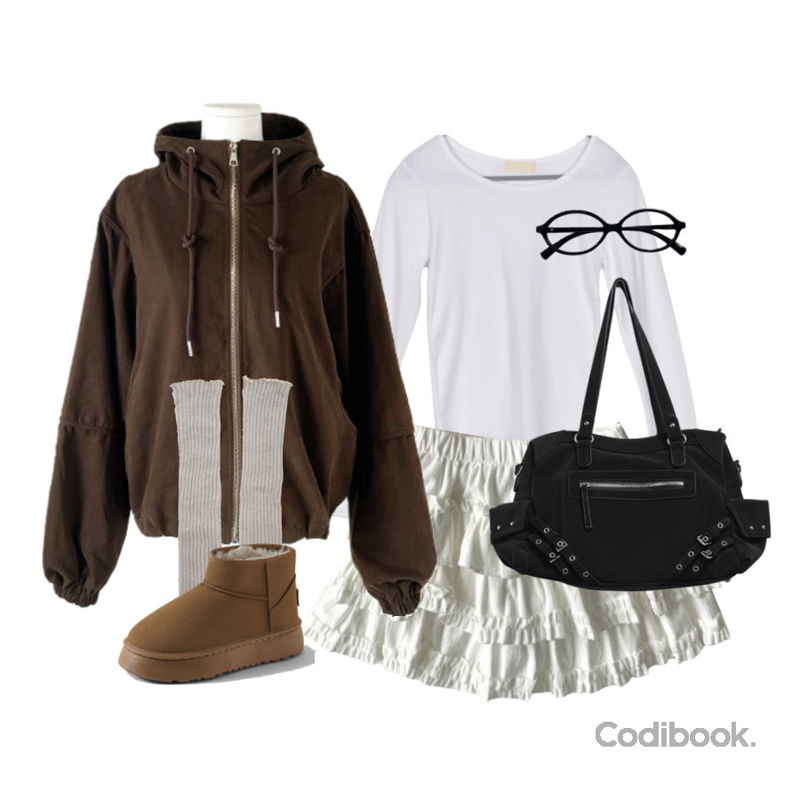 CHAAKAN 토빈 퍼안감 숏 어그부츠 더착한 WTSDR4f875,anyonemore 로페 긱시크 너드 뿔테 안경 (2color),anyonemore 르메 오버핏 후드 코튼 자켓 점퍼 (3color)등을 매치한 코디