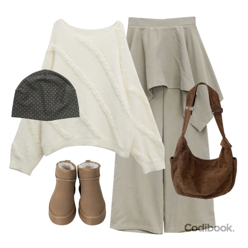 binary01 키본 도트 비니,JASMINBELL 테빈 스웨이드 반달 보부상백 빅 숄더백 크로스백 가방 데일리 캐주얼 코디아이템,binary01 메컨 레이어드 언발 스커트팬츠등을 매치한 코디