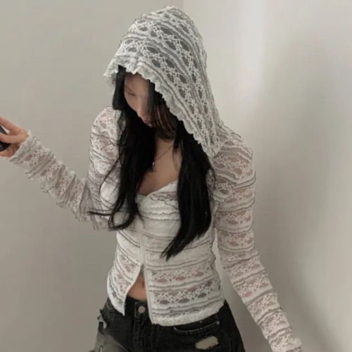 로즈 시스루 레이스 후드 집업