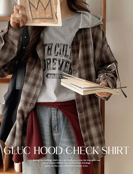 글룩 리얼루즈핏 배색 후드 체크 셔츠 84242