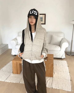 休閒條紋口袋寬鬆長袖連帽外套