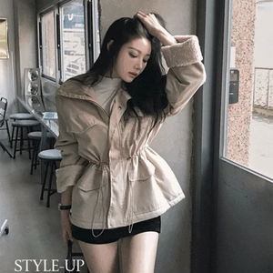 스타일업 하이넥 카라넥 스냅버튼 지퍼 포켓 허리스트링 허리잘록 덤블 하프 자켓