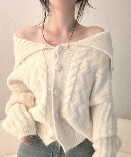 Wool Twisted Off-Shoulder Collar Knitwear Cardigan 3 Colors