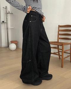 寬鬆版車縫開口長版牛仔褲