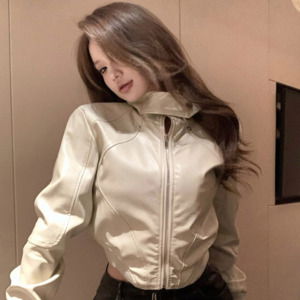 조이 크롭 하이넥 레더자켓