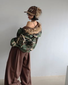 Raccoon Fur Earflap Golden Corduroy Ball Cap