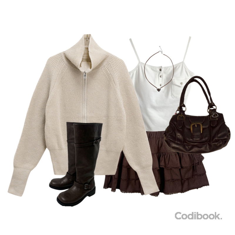 DAILYJOU 스이루 보헤미안 하트 초커 목걸이,MINGPIECE 베이비 포켓 크롭 캡나시 끈 나시,binary01 세이븐 하이넥 니트집업등을 매치한 코디