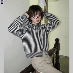 티포 스트라이프 투웨이 니트 후드 집업 (4color)