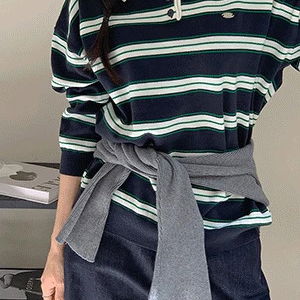 제르비온 배색 스트라이프 카라넥 티셔츠 (가을-신상-데일리룩-데이트룩-출근룩-베이직룩-캠퍼스룩-빅사이즈-110사이즈-긴팔)