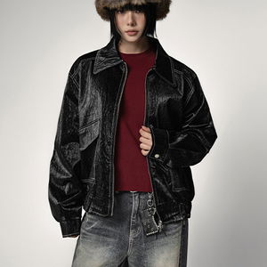 쥬뎁 오버 카라 페이크 레더 자켓 Oversized Collar Faux Leather Jacket