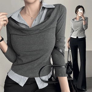 가나다란 헤이디 레이어드 카라 스트라이프 셔츠 드레이프 훌 셔링 긴팔 티셔츠 3color