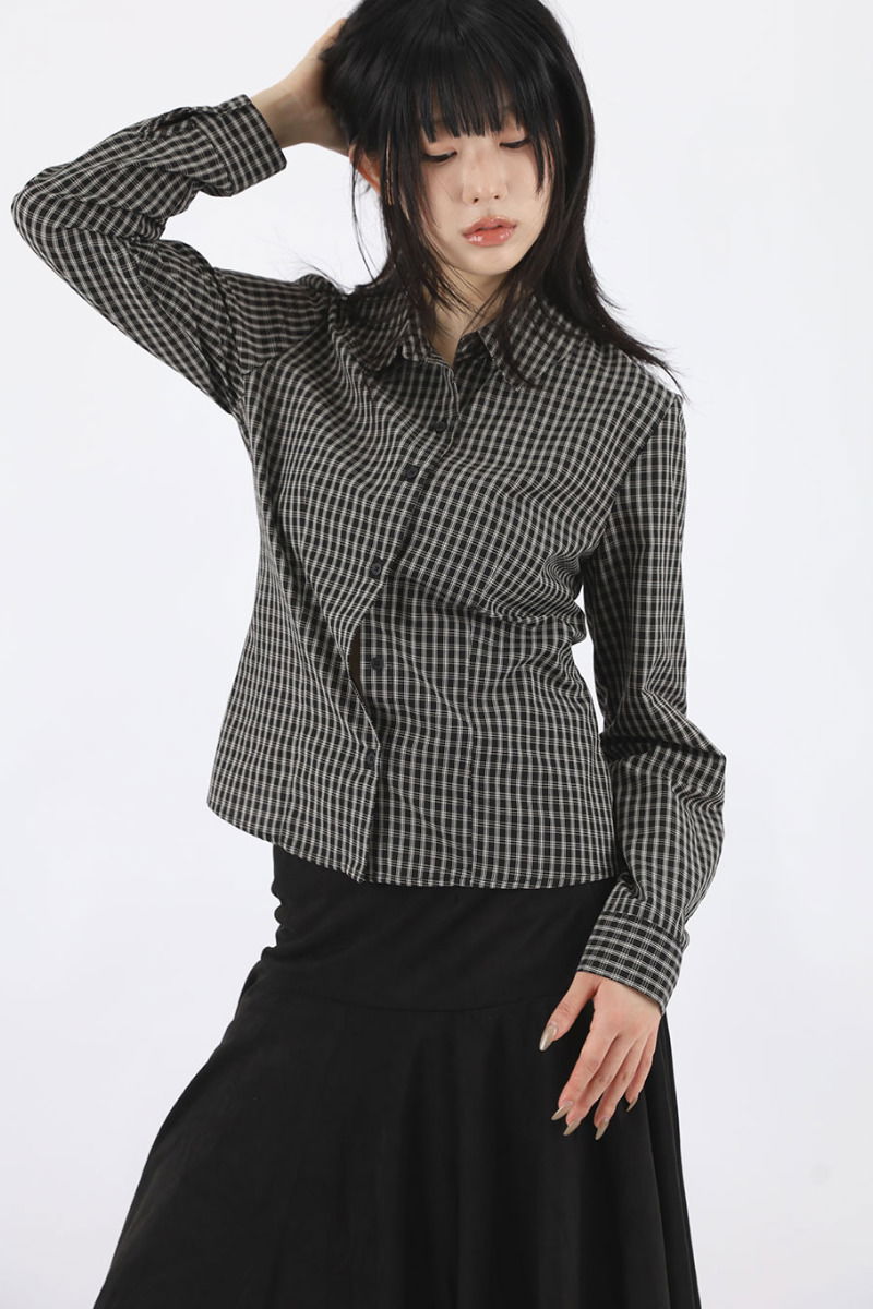 細格紋修身長袖襯衫