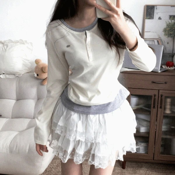 メタルペンダントボタンヘンリーネックシャーリング長袖Tシャツ