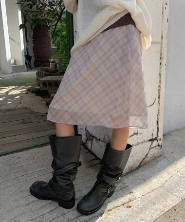 Er Check Layered Chiffon Midi Skirt