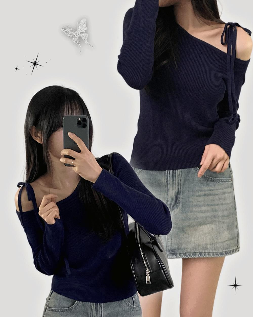 로멜 언발 리본 원 오프숄더 골지 긴팔 니트