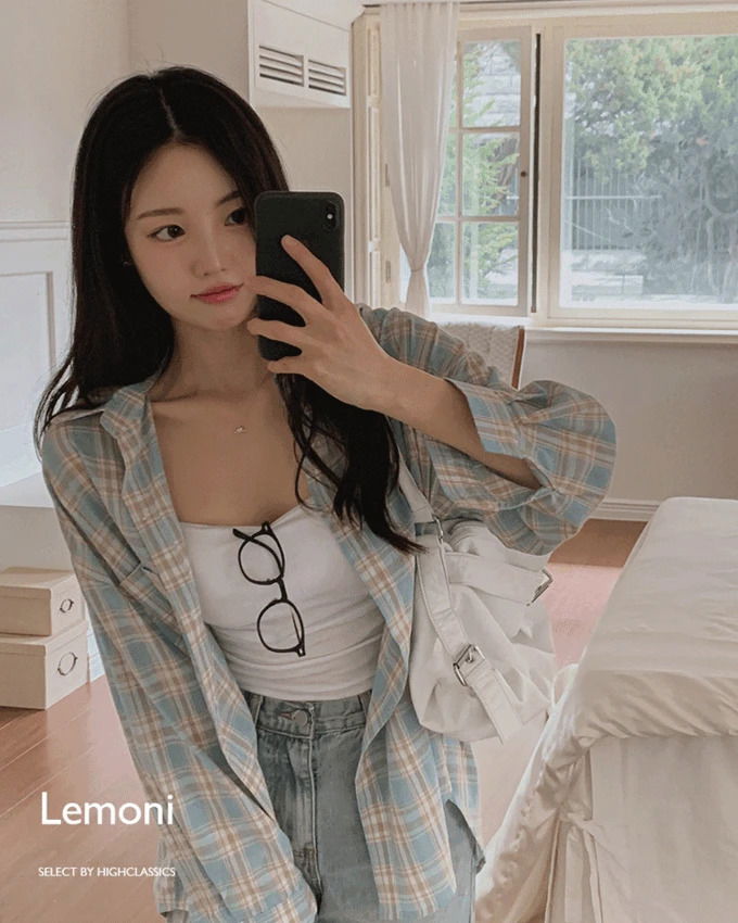 Lemony Caraneck Button Cuffs Pocket Loose-fit A-Line Check Shirt