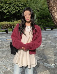 絨毛圓領長版開襟外套