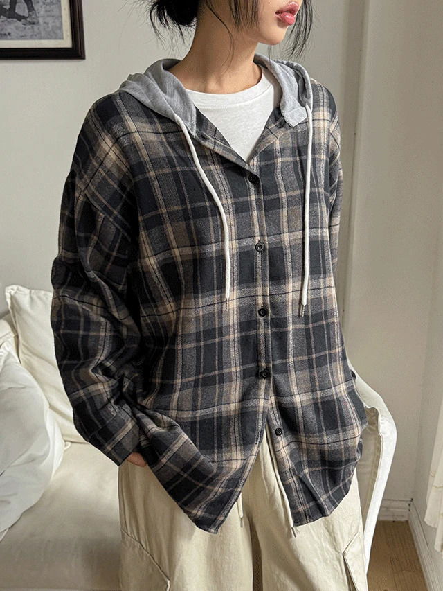 빅사이즈 55-88 배이킨 배색 체크 후드 긴팔 셔츠 남방 셔켓