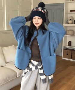 拼色按鈕絨毛外套