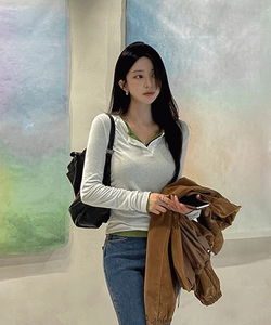 Poeden Basic Henley Neck Button Layered Long Sleeve T-Shirt