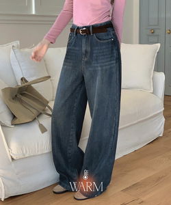 隱形腰帶絨毛內裡寬版牛仔褲