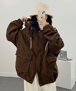 Full-length fleece-lined corduroy oversized fleece hooded Jacket