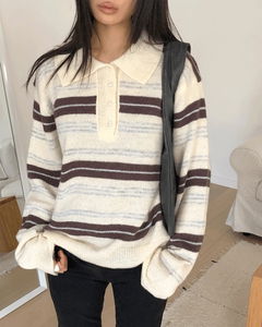 Cuff Stripe Color Block Collar Loose-fit Long Sleeve Knitwear 