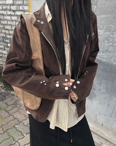 Artit Suede High Neck Studded Split Long Sleeve Jacket