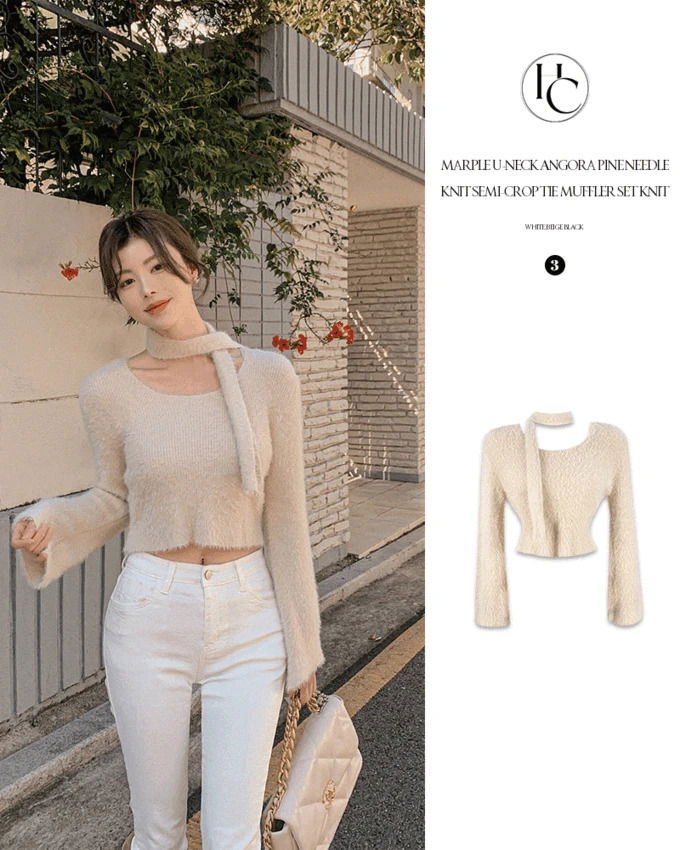 마플 U넥 앙고라 솔잎 소프트 니트 세미크롭 타이 머플러 세트 니트