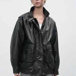 WOMAN 하이넥 페이크 레더 블루종