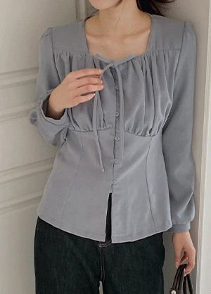 텐브리아 피치기모 셔링 리본 스퀘어넥 블라우스