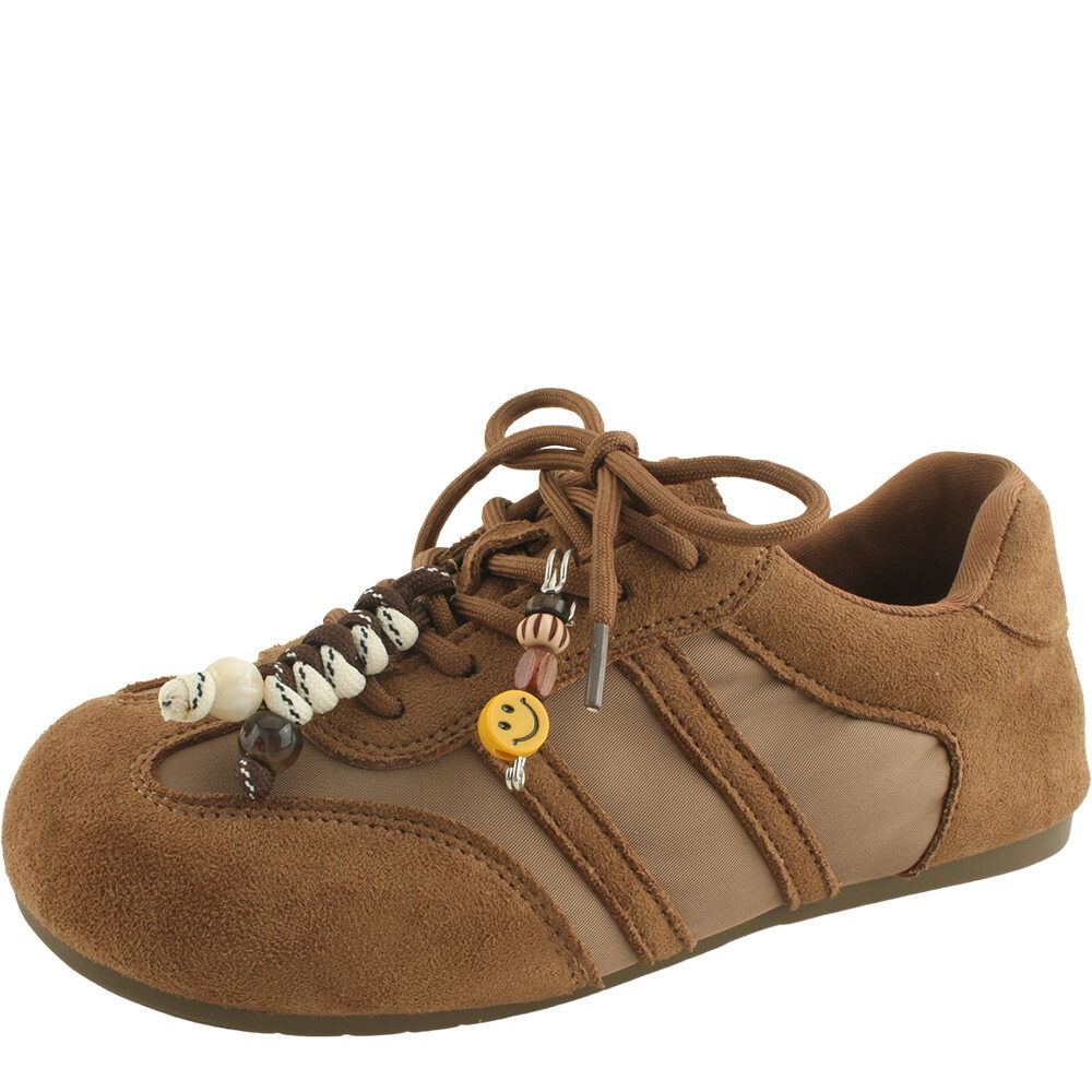 스웨이드 투톤 큐트 비즈 스니커즈 4cm 브라운