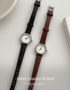 Silver Round Leather Wristwatch