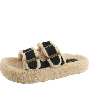 양털 스웨이드 버클 퍼 슬리퍼 블랙