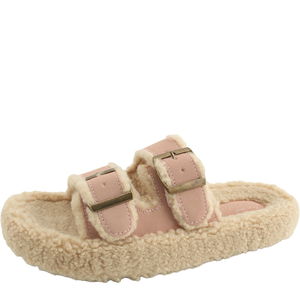 양털 스웨이드 버클 퍼 슬리퍼 핑크