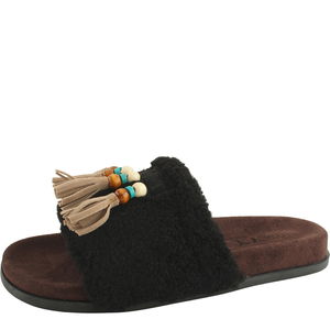 퍼 보헤미안 테슬 스웨이드 슬리퍼 블랙