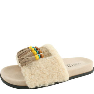 퍼 보헤미안 테슬 스웨이드 슬리퍼 베이지