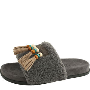 퍼 보헤미안 테슬 스웨이드 슬리퍼 그레이