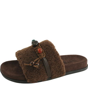 퍼 보헤미안 비즈 부클 스웨이드 슬리퍼 블랙