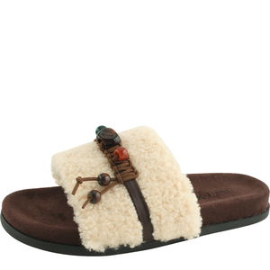 퍼 보헤미안 비즈 부클 스웨이드 슬리퍼 베이지