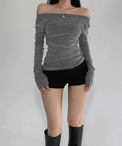 Velvet Soft Slim Off-Shoulder Drape Long-Sleeve T-Shirt Top